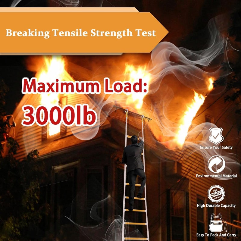 DELLNA Rope Ladder, Fire Escape Ladder 2 Story Window, Flame Resistant Safety Extension Fire Ladders with 2 Hooks (2M, 6.6FT) - Image 3